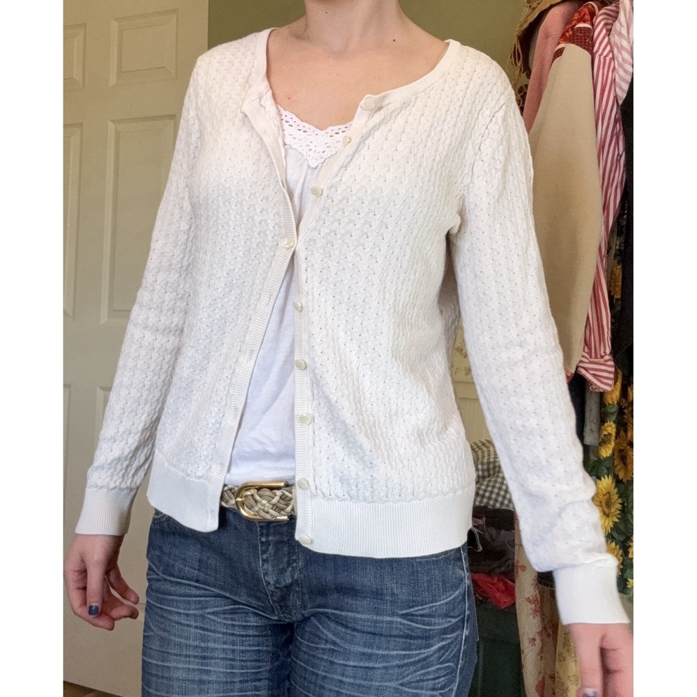 Vintage 2000s Grannycore White Ivory Cardigan Knit Top Jaclyn Smith Med Womens